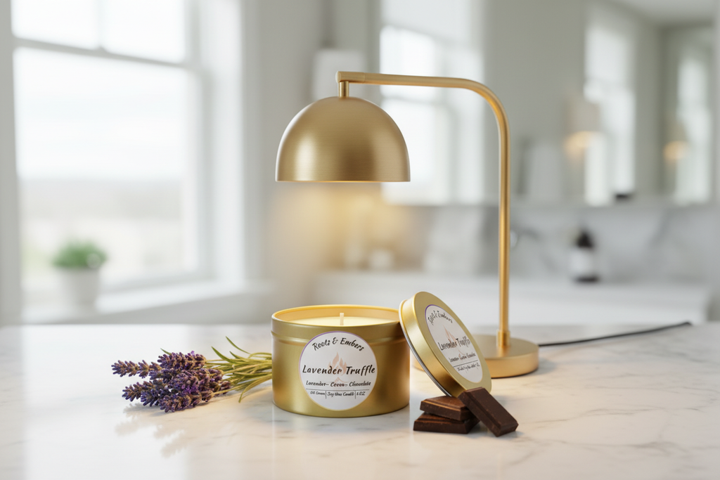 Lavender Truffle 2oz Flameless gold tin under warming lamp