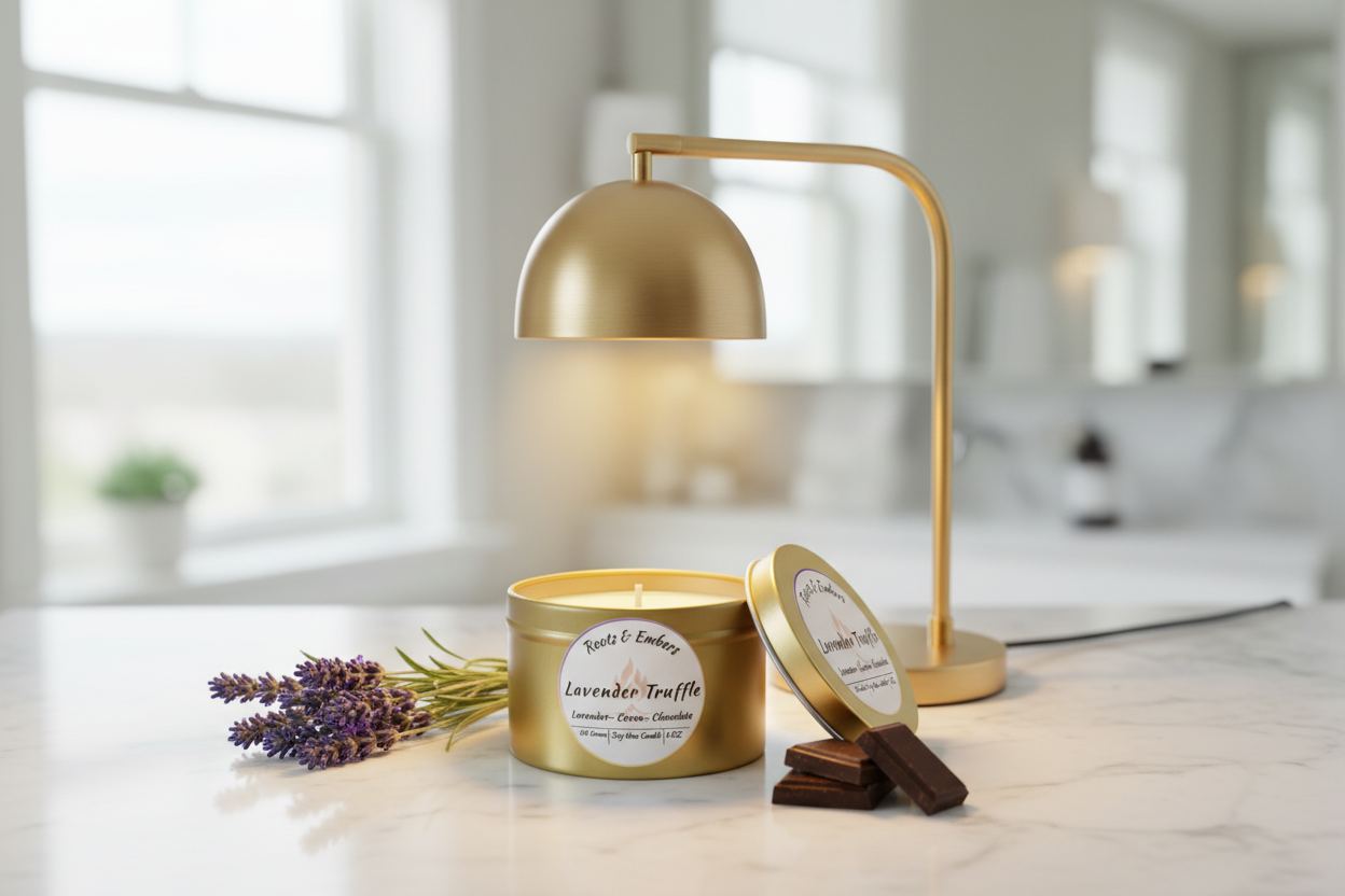 Lavender Truffle 2oz Flameless gold tin under warming lamp