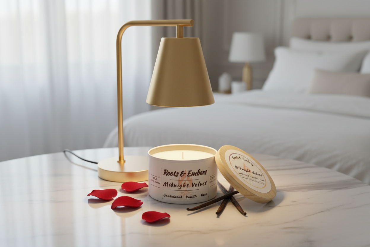 Midnight Velvet 6oz Flameless white tin under warming lamp