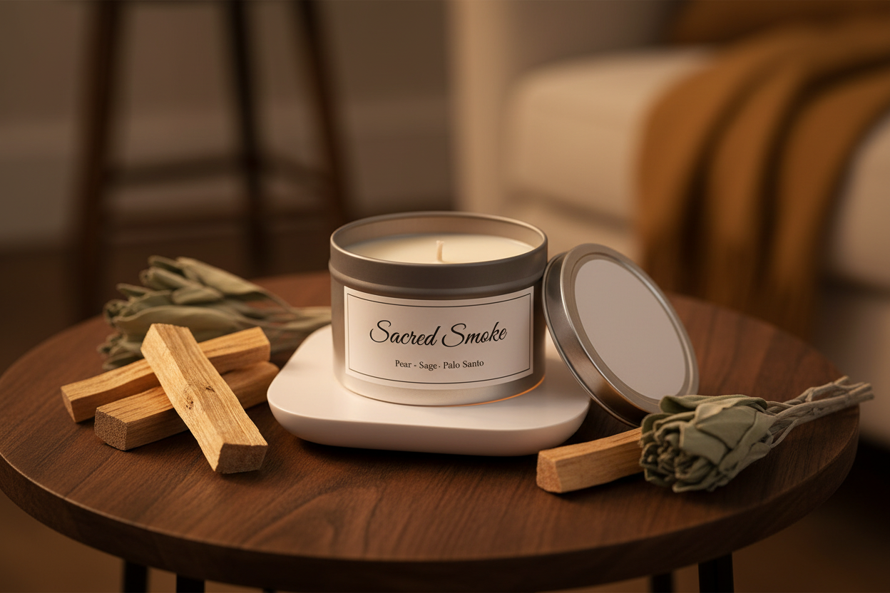 Sacred Smoke 2oz Flameless silver tin on candle warmer