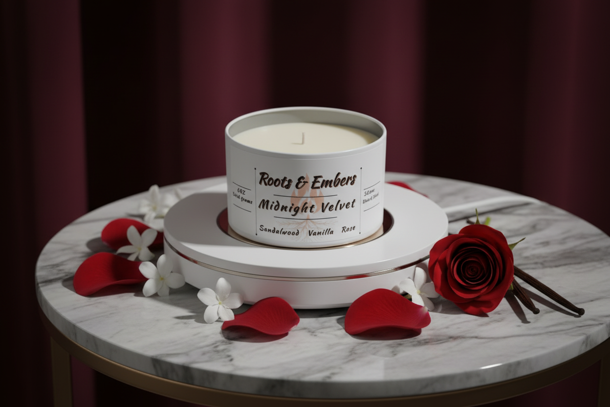 Midnight Velvet 6oz Flameless white tin on candle warmer