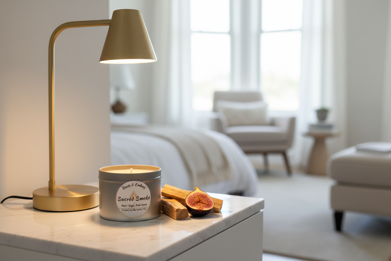 Sacred Smoke 2oz Flameless silver tin under warming lamp