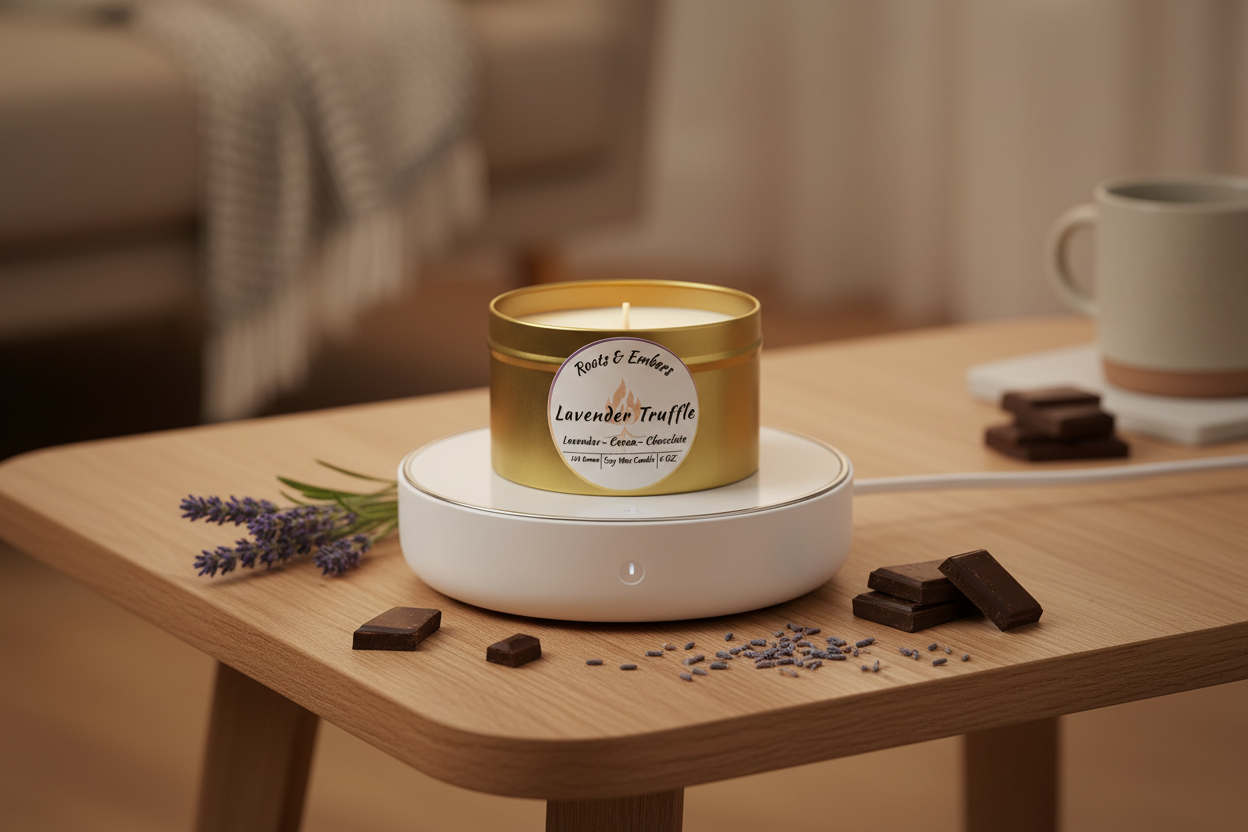 Lavender Truffle 2oz Flameless gold tin on candle warmer